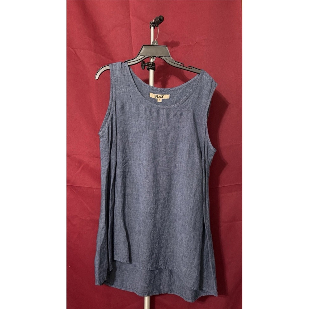 FLAX Beachy Boho Hippie Timeless Classic Blue Linen Midi Dress Sz S (A3240)